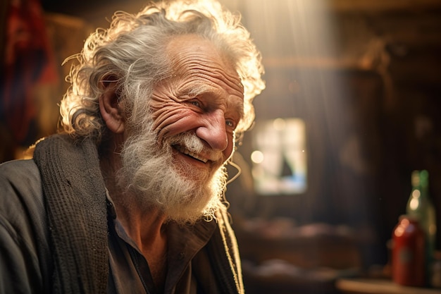 glücklicher alter Mann lächelt im Wohnzimmer Bokeh-Stil Hintergrund