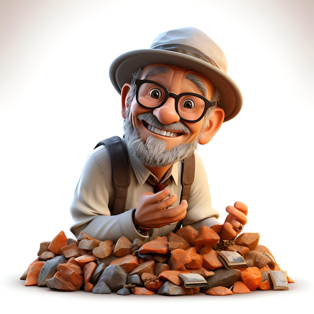 Glücklicher alter Mann mit einer Tasche Kohle 3D-Illustration
