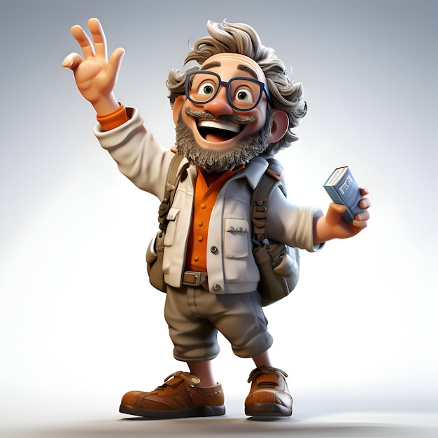 Glücklicher alter Mann mit Rucksack und Reisepass zeigt ok Handzeichen 3D-Illustration