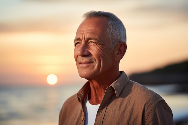 glücklicher alter Mann steht vor dem Hintergrund im Sonnenuntergangstrand-Bokeh-Stil