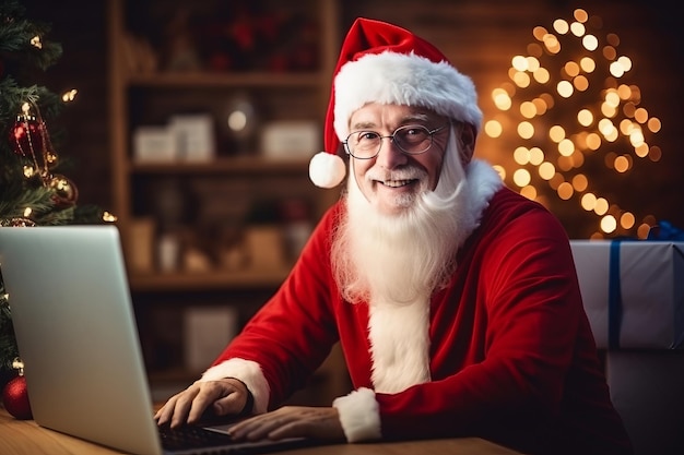 Glücklicher alter Weihnachtsmann mit Hut und Laptop, der am Heimtisch der Werkstatt sitzt