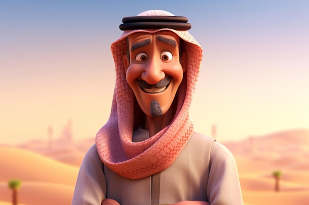Foto glücklicher arabischer mann mit einem keffiyeh-animationsstil in der vorderansicht. generative ki