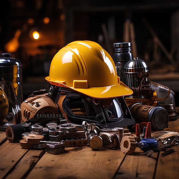 Glücklicher Arbeiterstag Projekt Helm und Handwerkzeuge auf dem Tisch KI generiert
