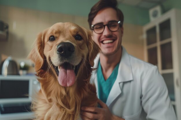 Glücklicher Arzt mit einem Golden Retriever in der Tierklinik Der Tierarzt untersuchte einen Hund auf dem Tisch