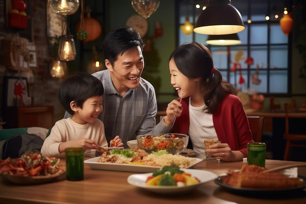 Glücklicher asiatischer Familienjunge, der gemeinsam gesundes Essen isst