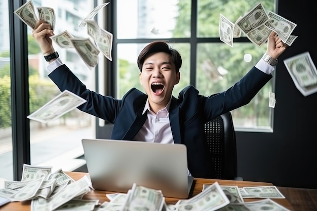 Glücklicher asiatischer Mann mit Bargeldfliegen im Heimbüro