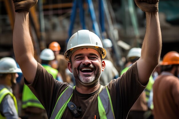 Foto glücklicher bauarbeiter im team, der am bau arbeitet