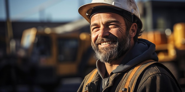 Glücklicher Bauarbeiter mit Schutzhelm vor einer Baustelle, der Selbstvertrauen ausstrahlt