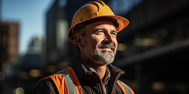 Glücklicher Bauarbeiter mit Schutzhelm vor einer Baustelle, der Selbstvertrauen ausstrahlt