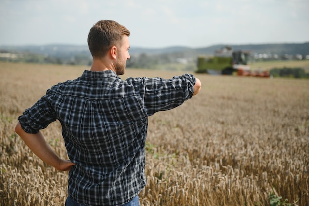 Glücklicher Bauer, der stolz auf einem Feld steht. Mähdrescherfahrer, der zur Ernte einer reichen Weizenernte geht