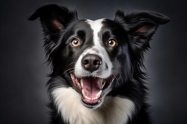 Glücklicher Border Collie-Hund, der sich die Kamera im Inneren ansieht, schießt auf schwarzen Hintergrund mit perfekter Beleuchtung