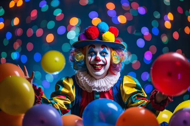 glücklicher Clown mit bunten Ballons im Zirkus