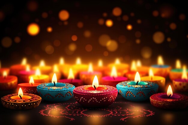 Glücklicher Diwali-Hintergrund Lehm-Diya-Lampen brennen auf Diwali indisches Lichtfestival Feier