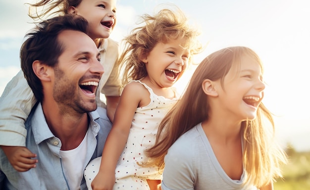 Glücklicher Familienvater, Mutter und Kinder lachen, genießen Freizeitaktivitäten im Park