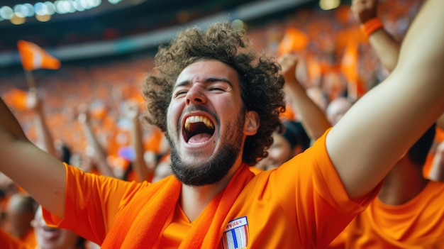Glücklicher Fan schreit und macht freudige Gesten bei einem Fußball-Event