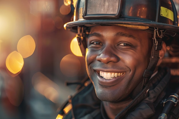 Glücklicher Feuerwehrmann mit einem hellen Lächeln in der goldenen Stunde
