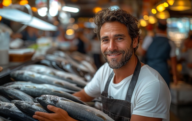 Glücklicher Fischhändler auf dem Meeresmarkt bei Sonnenuntergang Frische Meeresfrüchte und Marktkonzept mit Kopierplatz