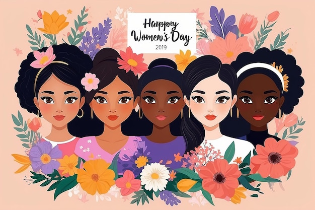 Glücklicher Frauentag-Karte mit Mädchen verschiedener Nationalitäten mit Blumen