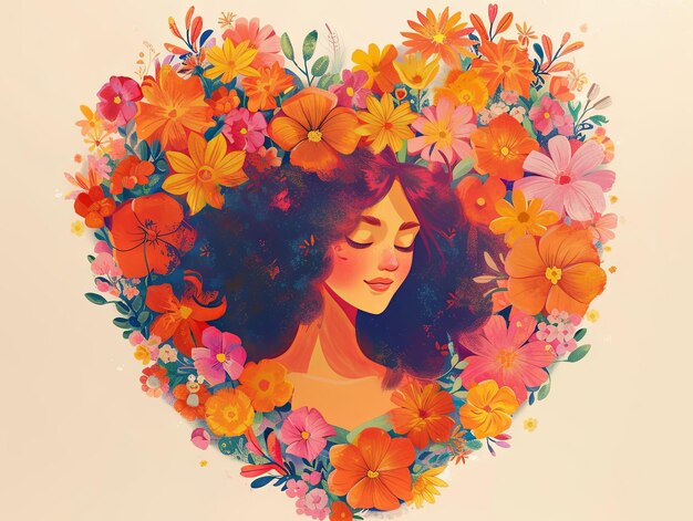 Glücklicher Frauentag, Porträt von einer Frau mit einem Herz aus Blumen