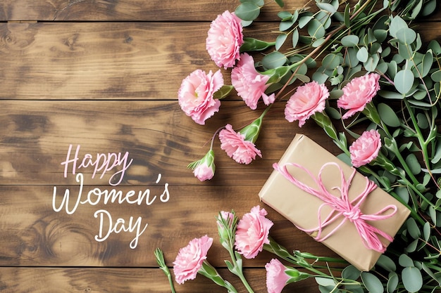 Glücklicher Frauentag Text mit EU-Stoma Blumen und Geschenkkiste Frauentag