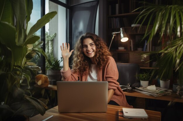 glücklicher Freelancer winkt mit der Hand, während er mit einem Laptop im Café am Tisch sitzt Eine Frau gesteht und spricht in einem Videoanruf über einen Laptop im Home Office AI Generated