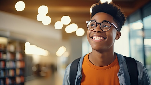 Glücklicher fröhlicher afrikanischer Teenager lächelnd, kurzhaarig, niedlich, schwarzer, ethnischer College-Student mit Brille, der in der modernen Universitätsbibliothek wegblickt.