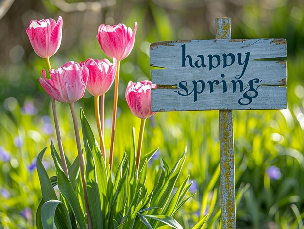 Foto glücklicher frühlingsposter mit blumen