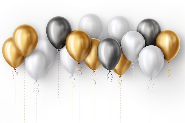 Glücklicher Geburtstag horizontale Illustration mit 3D-realistischem goldenen und silbernen Luftballon auf weißer Rückseite
