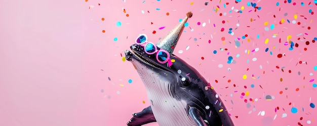 Glücklicher Geburtstag Karneval Neujahrsabend Sylvester oder andere festliche Feiern lustige Tiere Karte Banner Wal mit Party Hut und Sonnenbrille auf rosa Hintergrund mit Konfetti