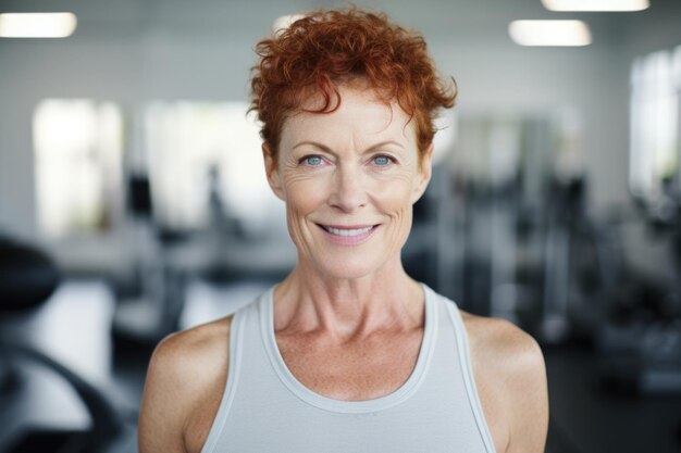 Glücklicher Gesichtsausdruck einer älteren Frau in einem Fitness-Lehrer-Konzept, das von der KI generiert wurde