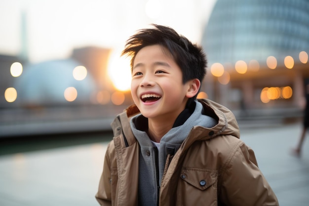 Glücklicher Gesichtsausdruck eines asiatischen Jungen im Freien in einer Stadt, die durch KI erzeugt wurde