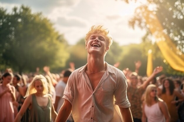 Glücklicher Gesichtsausdruck eines jungen Mannes auf einer Party, der die von der KI erzeugte Atmosphäre genießt