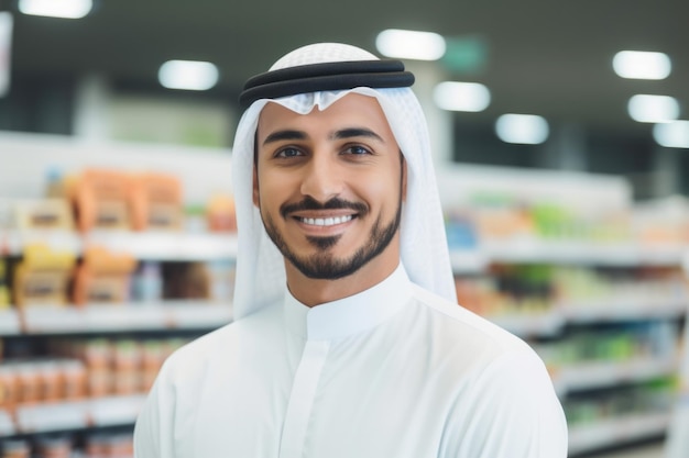 Glücklicher Gesichtsausdruck eines jungen Mannes in einem Supermarkt, der von der KI erzeugt wurde