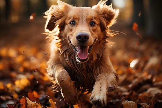 Glücklicher Golden Retriever Hund bei einem Spaziergang in einem Herbstwald