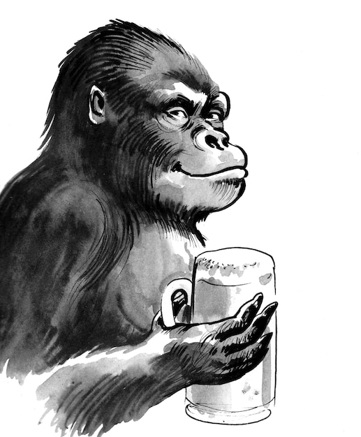 Glücklicher Gorilla, der einen Becher Bier trinkt. Tusche- und Aquarellzeichnung