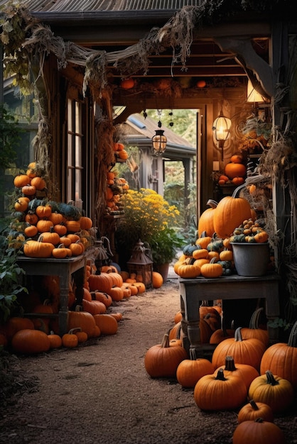 Glücklicher Halloween, gruseliger Hintergrund, beängstigende Kürbisse im gruselen Garten eines alten Hauses.