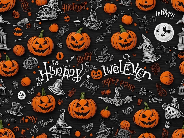 Foto glücklicher halloween-text auf dem doodle-element hallowen-muster vektor nahtloser hintergrund