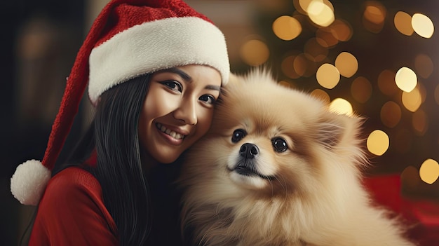 Foto glücklicher haustierbesitzer in weihnachtsmannshut, der einen pelzigen begleiter im festlichen wohnzimmer kuschelt