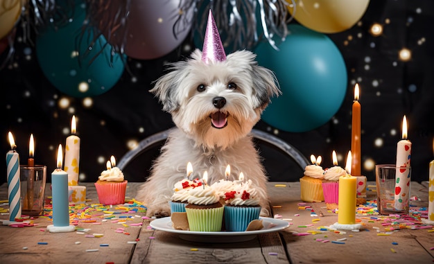 Glücklicher Hund auf einer Geburtstagsfeier mit Geburtstagskuchen, Ballons und Kerzen