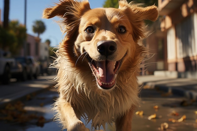 Glücklicher Hund, der an einem Sommertag auf der Straße spazieren geht. Verrücktes, aktives Haustier, das mit positiven Emotionen im Freien springt
