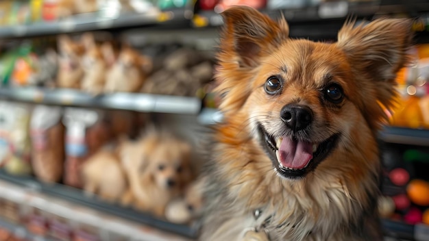 Foto glücklicher hund erkundet tierladen schöne momente einkaufen lustige tierbegegnungen konzept tierladen abenteuer lustige momente lustige tiere begegnungen einkaufen für haustiere glücklicher hund