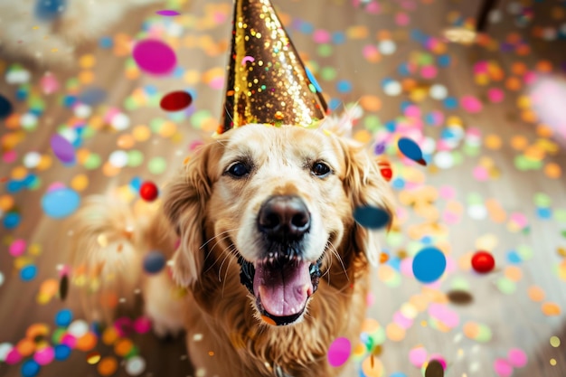 Glücklicher Hund in einem festlichen Hut mit lebendigen Konfettipunkten in der Luft Generative KI