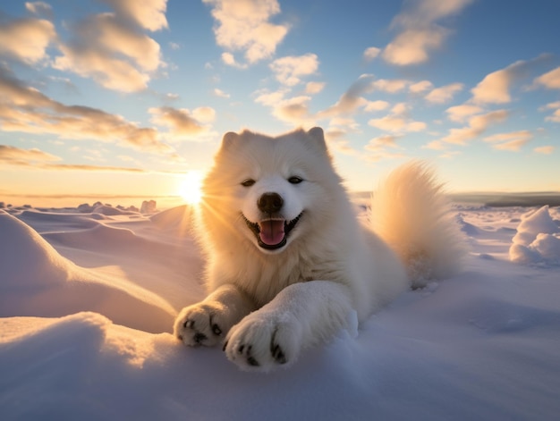 Glücklicher Hund läuft durch den Schnee