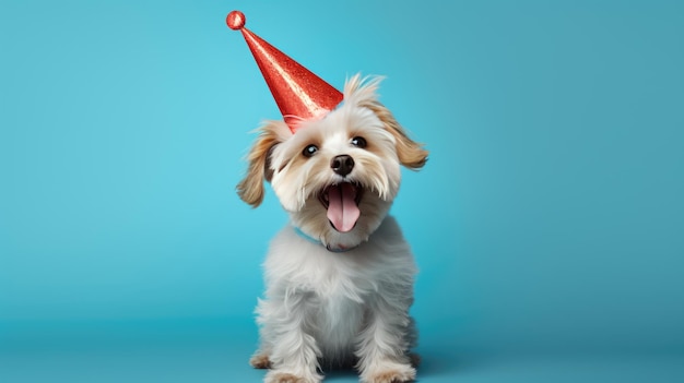 Glücklicher Hund mit festlicher Mütze feiert Geburtstag auf blauem Hintergrund