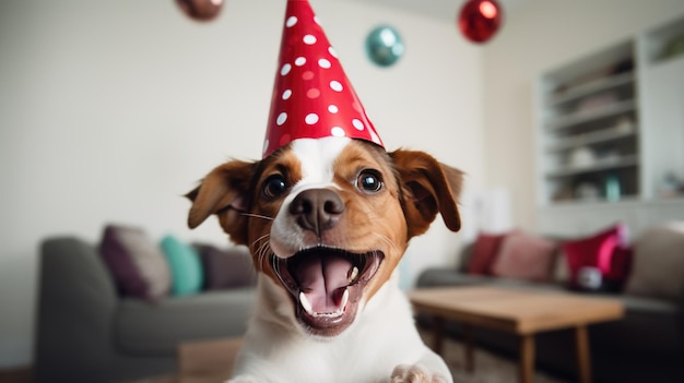 Glücklicher Hund mit festlicher Mütze feiert zu Hause Geburtstag. Erstellt mit generativer KI-Technologie