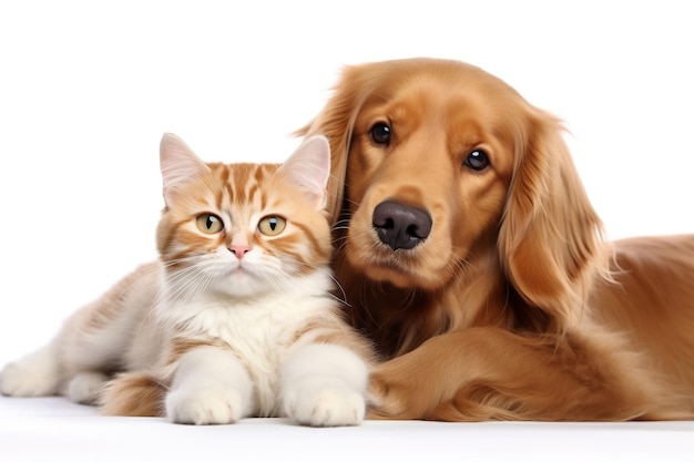 Glücklicher Hund und Katze auf weißem Hintergrund Generative KI