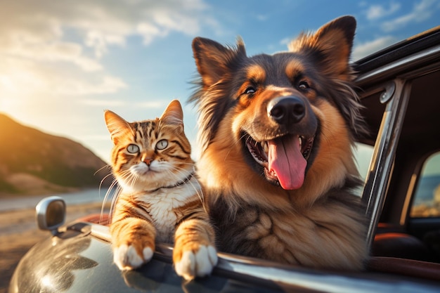 Glücklicher Hund und Katze im Auto