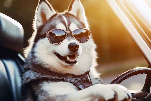 Glücklicher Husky steuert das Auto an einem sonnigen Tag Tierreisekonzept