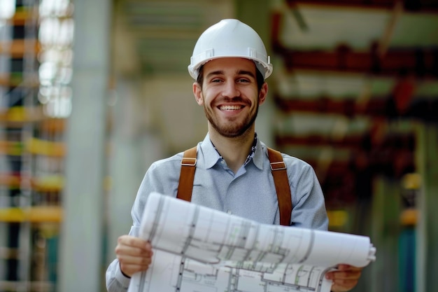 Glücklicher Ingenieur auf der Baustelle mit Bauplan-Sicherheitsgerät