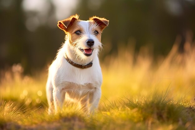 Foto glücklicher jack russell terrier haustier, der im gras wartet und zuhört